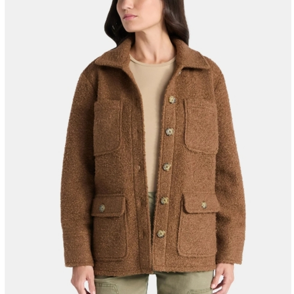Cozy Boucle Nubby Textured Utility Brown Shacket Thick Shirt Jacket Size XXXL